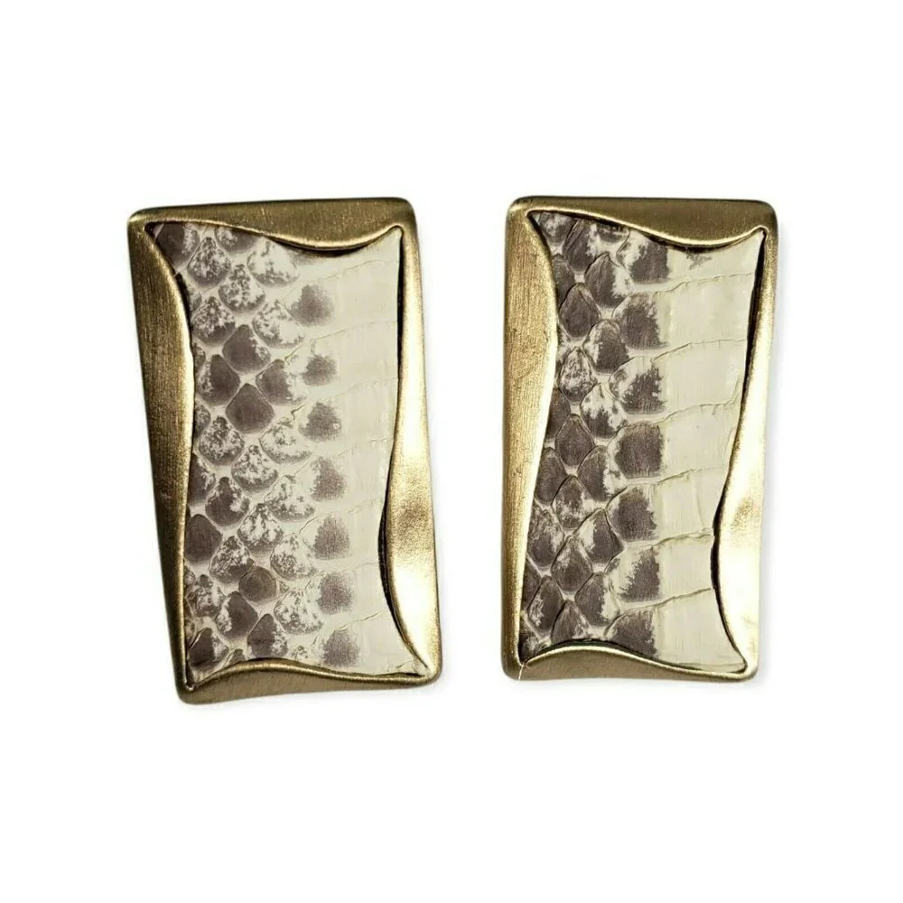 30.Fashion Jewelry Genuine Leather Snake Print Gold Tone Rectangle Stud Earrings